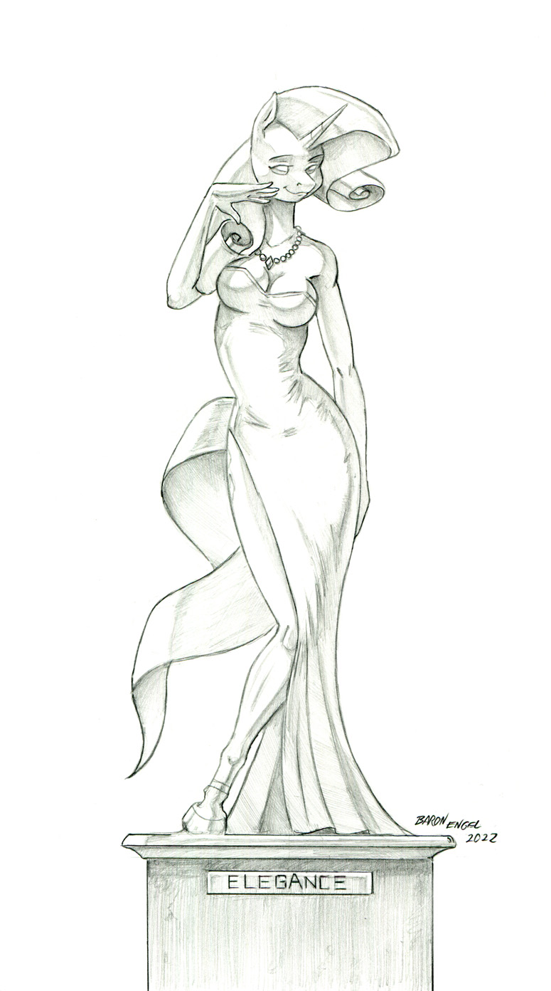 2022 anthro baron_engel breasts clothing dress equid equine eyebrows female friendship_is_magic graphite_(artwork) greyscale hair hi_res hooves horn jewelry long_hair mammal monochrome my_little_pony necklace pencil_(artwork) rarity_(mlp) sculpture solo statue traditional_media_(artwork) unguligrade_anthro unicorn
