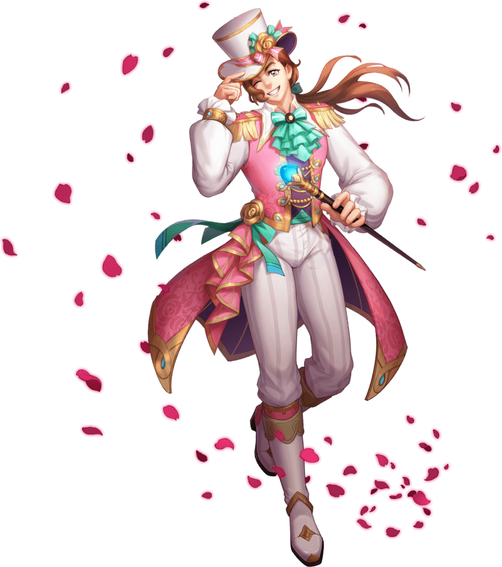 1boy artist_request ascot boots bracelet brown_hair collared_shirt dress felix_(gyee) gyee hand_on_headwear hat jacket jewelry long_hair long_sleeves male_focus multicolored_eyes official_art pants petals rainbow_eyes rose_petals shirt smile solo staff transparent_background
