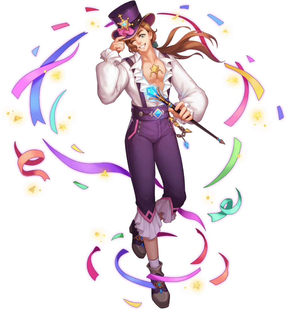 1boy bare_pectorals belt brown_hair chain confetti crystal dress felix_(gyee) gyee hand_on_headwear hat long_hair long_sleeves looking_at_viewer medallion multicolored_eyes official_art one_eye_closed open_clothes open_dress pants pectorals rainbow_eyes shoes smile socks solo staff transparent_background