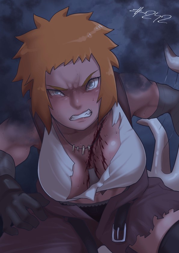 1girl belt blood boruto:_naruto_next_generations breasts clenched_teeth eeshin_(eishin5584) funato_seiren gloves grey_eyes injury jewelry medium_breasts naruto_(series) necklace orange_hair panties pants smoke solo teeth torn torn_clothes underwear wince