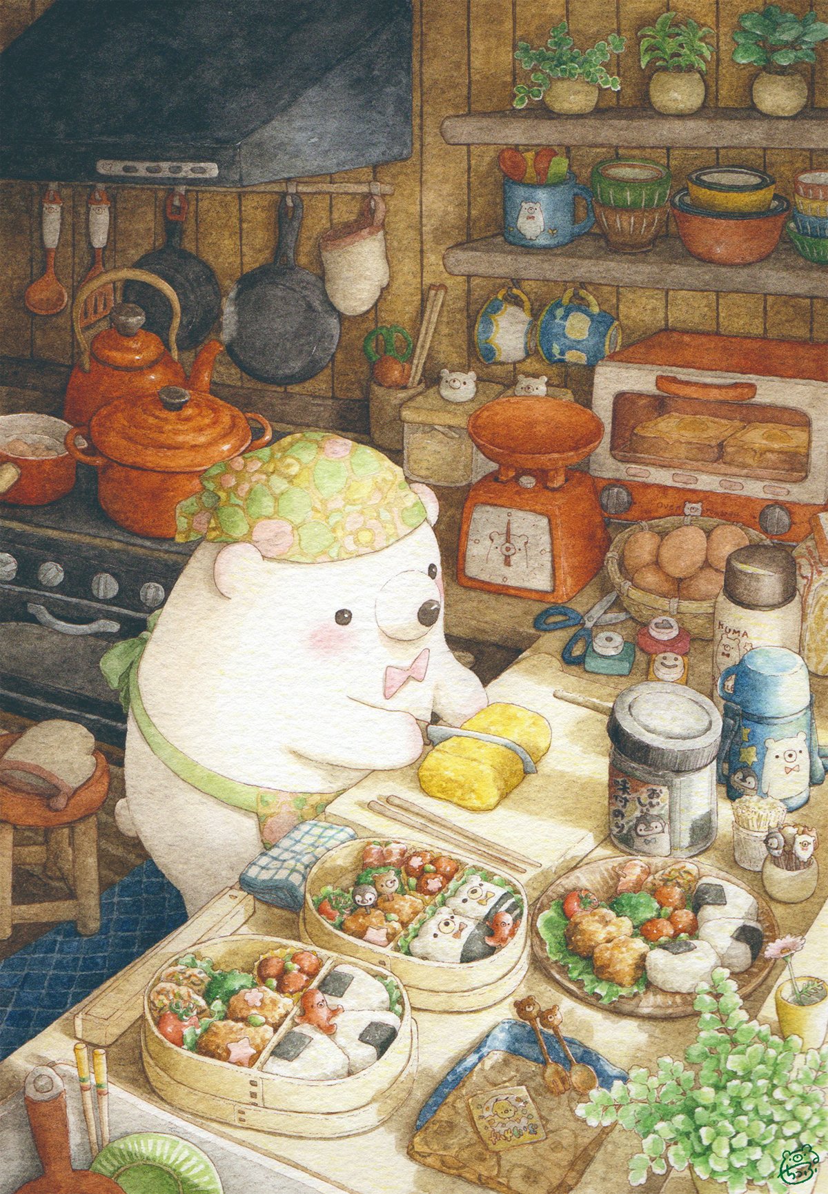 animal bear bento blush bow bowtie bread colored_pencil_(medium) cutting_board egg food highres holding holding_knife indoors kettle kitchen kitchen_hood kitchen_scale knife looking_away no_humans onigiri original painting_(medium) pink_bow pink_bowtie pot scissors shelf signature spatula st.kuma stove toaster_oven traditional_media watercolor_(medium) weighing_scale