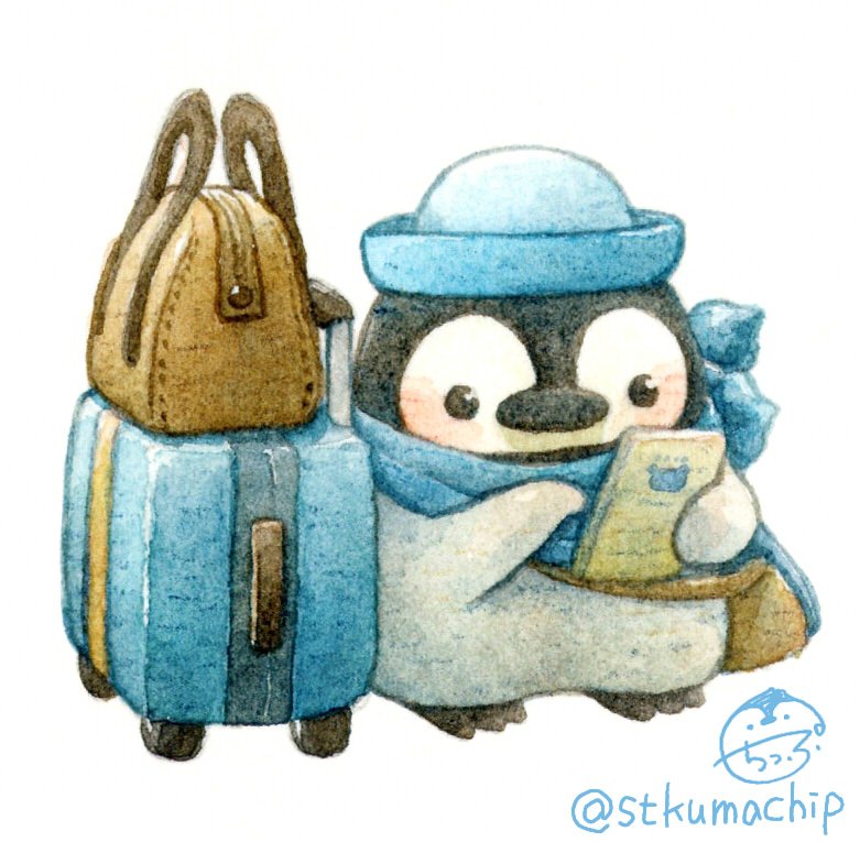 bag bird blue_headwear cellphone handbag hat holding holding_phone no_humans original penguin phone sailor_hat signature smartphone st.kuma suitcase twitter_username