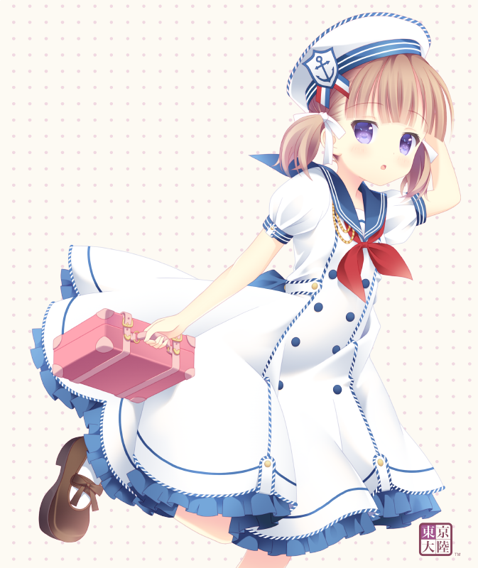 1girl :o anchor_symbol artist_logo artist_name bangs black_footwear blue_sailor_collar blunt_bangs briefcase commentary_request dress eyebrows_visible_through_hair hair_ribbon hand_on_headwear hat holding holding_briefcase kurasawa_kyoushou leaning_forward leg_up light_brown_hair looking_at_viewer lost_tree mary_janes medium_dress neckerchief open_mouth original polka_dot polka_dot_background puffy_short_sleeves puffy_sleeves purple_eyes red_neckerchief ribbon sailor_collar sailor_dress sailor_hat shoes short_hair short_sleeves short_twintails socks solo standing standing_on_one_leg twintails white_dress white_headwear white_legwear white_ribbon yellow_background