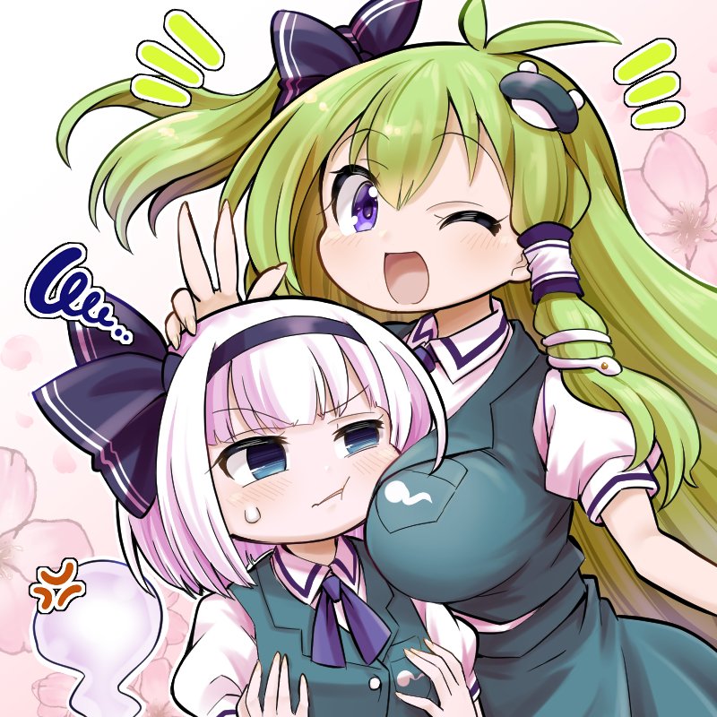 2girls alternate_costume anger_vein antenna_hair bangs black_hairband black_ribbon blue_eyes blush bob_cut breast_conscious breast_grab breast_pocket breast_press breasts buttons collared_shirt commentary_request cosplay fingernails flat_chest frog_hair_ornament futa_(nabezoko) grabbing green_skirt green_vest hair_ornament hairband hand_on_another's_head hitodama_print jealous kochiya_sanae konpaku_youmu konpaku_youmu_(cosplay) konpaku_youmu_(ghost) large_breasts long_hair looking_at_viewer multiple_girls neck_ribbon notice_lines one_eye_closed open_mouth pink_background pocket puffy_short_sleeves puffy_sleeves ribbon self_fondle shirt short_hair short_sleeves silver_hair single_hair_tube skirt snake_hair_ornament squiggle standing sweatdrop touhou uneven_eyes vest white_shirt wing_collar