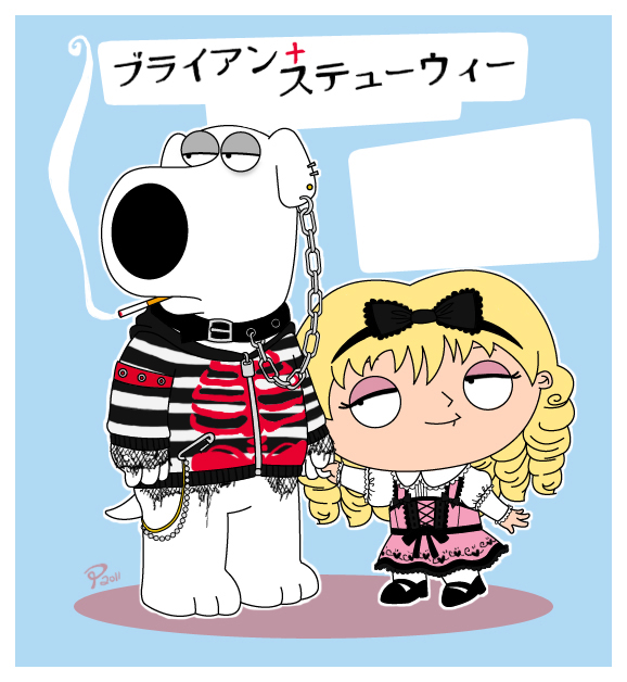 alternate_costume blonde_hair brian_griffin canid canine canis cigarette collar domestic_dog duo family_guy hair hand_holding human japanese_text male mammal stewie_griffin text translation_request