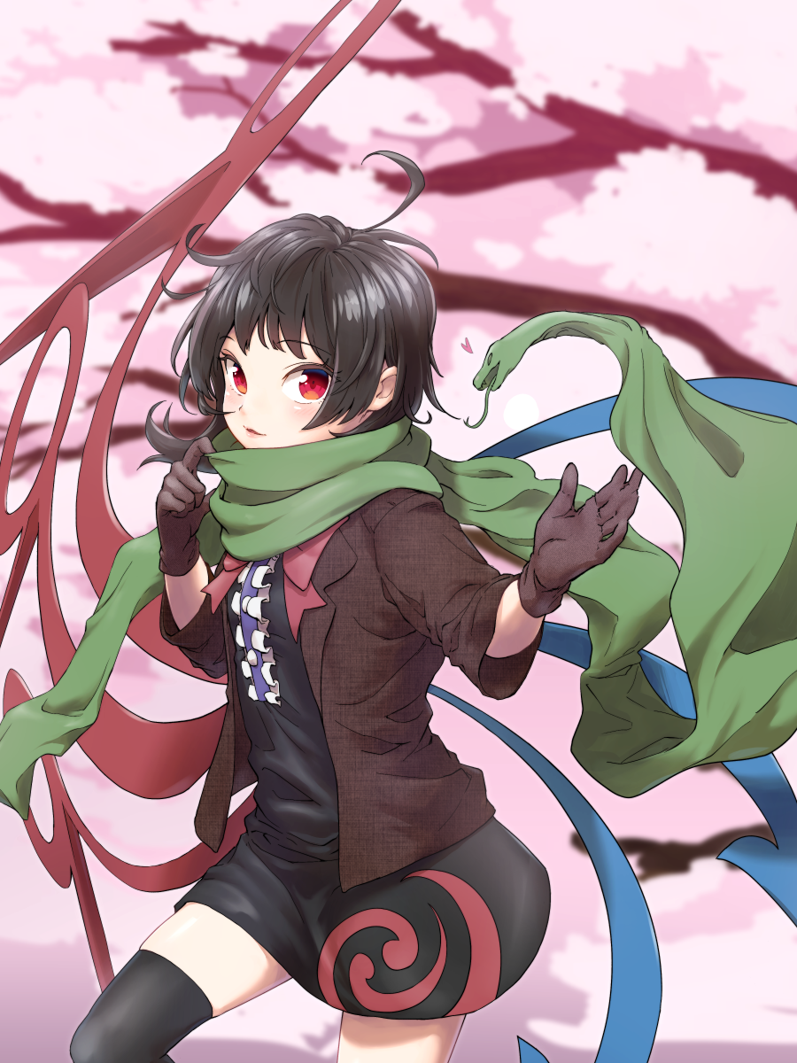 1girl ahoge asymmetrical_wings black_hair black_legwear blurry blurry_background brown_jacket center_frills cherry_blossoms commentary_request depth_of_field frills gloves goroumaru green_scarf highres houjuu_nue jacket light_smile looking_at_viewer parted_lips red_eyes red_scarf scarf short_hair sleeves_past_elbows snake solo thighhighs touhou wings winter_clothes zettai_ryouiki