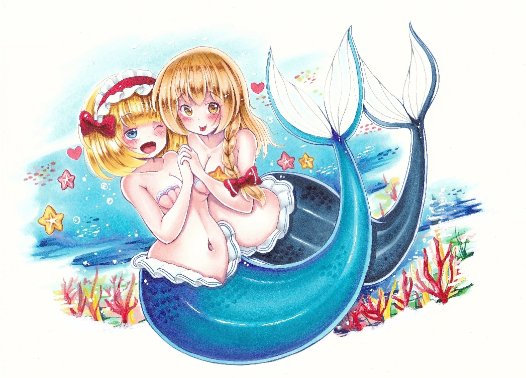 2girls air_bubble alice_margatroid animal bikini blonde_hair blue_eyes bow braid breasts bubble collarbone coral fish frilled_hairband frills hairband heart kirisame_marisa kneeless_mermaid lolita_hairband long_hair medium_breasts mermaid midriff monster_girl monsterification multiple_girls navel nemonadi one_eye_closed open_mouth red_bow red_hairband shell shell_bikini short_hair side_braid starfish starfish_bikini stomach swimsuit tongue tongue_out touhou traditional_media underwater water yellow_eyes