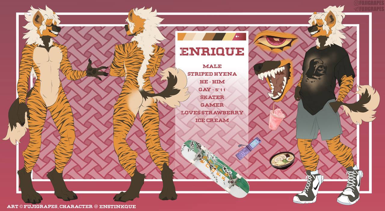 anthro blush bottomwear clothed clothing darth_vader dessert english_text enrique-terrafino food footwear fujigrapes fur hair hyaenid ice_cream male mammal model_sheet nike sfw_nudity simple_background skateboard smile solo solo_focus star_wars text