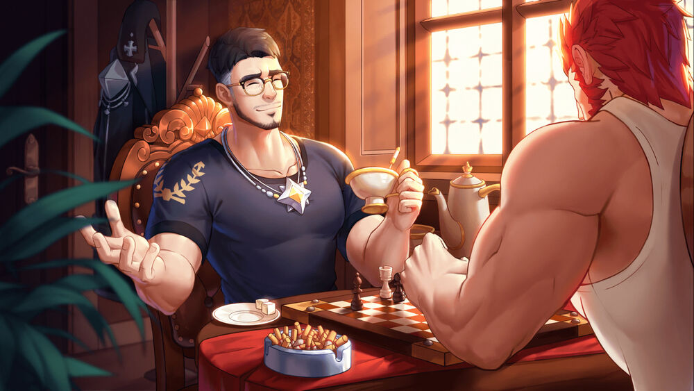 2boys bara beard biceps black_hair board_game building buzz_cut chair chess chess_piece chessboard cigarette cigarette_butt cigarette_holder closed_eyes cup facial_hair gyee jacket jewelry jonas_(gyee) kettle light light_rays male_focus mature_male multiple_boys muscular muscular_male necklace official_art pectorals plate red_hair shirt short_hair smile sugar_cube t-shirt tank_top tea teacup thick_arms thick_eyebrows tight very_short_hair will_(gyee) window