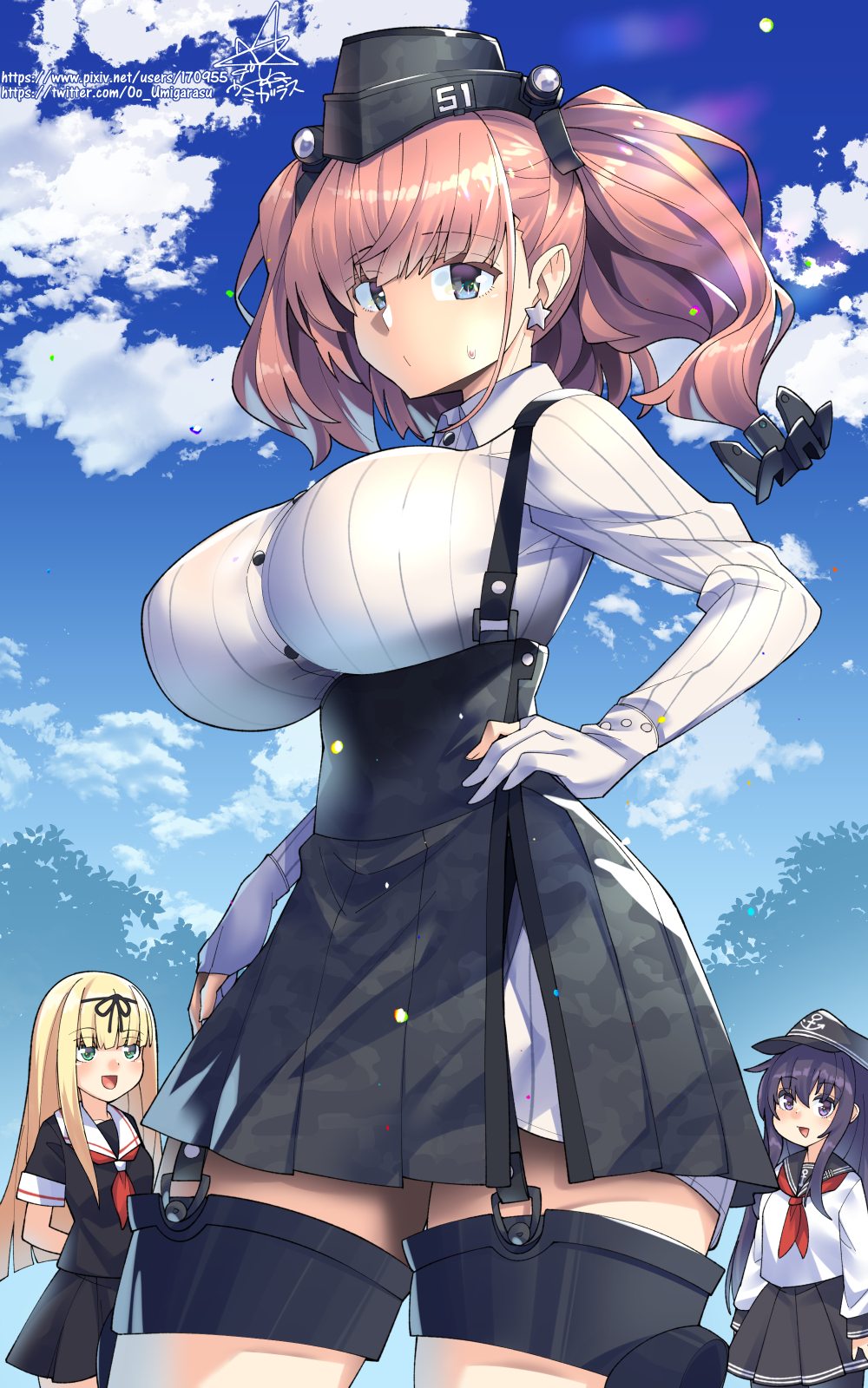 3girls akatsuki_(kancolle) artist_name atlanta_(kancolle) black_headwear black_legwear black_ribbon black_sailor_collar black_serafuku black_skirt blonde_hair blush breasts brown_hair buttons closed_mouth collared_shirt earrings eyebrows_visible_through_hair flat_cap garrison_cap gloves green_eyes grey_eyes hair_between_eyes hair_ribbon hat high-waist_skirt highres jewelry kantai_collection large_breasts long_hair long_sleeves multiple_girls neckerchief open_mouth pantyhose partially_fingerless_gloves pleated_skirt purple_eyes purple_hair red_neckerchief ribbon sailor_collar school_uniform serafuku shirt short_sleeves signature single_earring skirt smile star_(symbol) star_earrings suspender_skirt suspenders two_side_up umigarasu_(kitsune1963) web_address white_gloves white_shirt yuudachi_(kancolle)