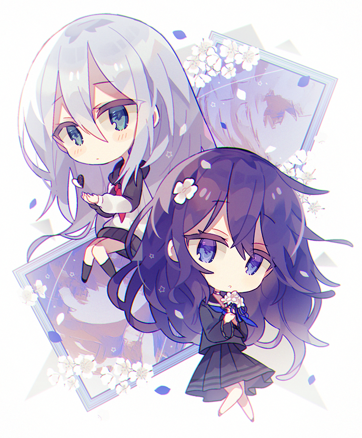 2girls amano_mizu aqua_eyes asahina_mafuyu back-to-back black_blouse black_hoodie black_neckerchief black_sailor_collar black_skirt blouse blue_eyes blue_neckerchief blush_stickers bouquet chibi chromatic_aberration closed_mouth contrapposto cupping_hands double_horizontal_stripe eyebrows_visible_through_hair flower full_body grey_hoodie grey_legwear hair_behind_ear hair_between_eyes hair_down hair_flower hair_ornament hands_up heart holding holding_bouquet hood hood_down hoodie kneehighs knees_together_feet_apart light_blush light_particles long_hair long_sleeves looking_at_viewer multiple_girls neckerchief no_nose painting_(object) parted_lips petals picture_frame pleated_skirt project_sekai purple_hair red_neckerchief sailor_collar school_uniform serious silver_hair simple_background skirt star_(symbol) straight_hair triangle tsurime two-tone_hoodie two-tone_neckerchief wavy_hair white_background white_flower yoisaki_kanade