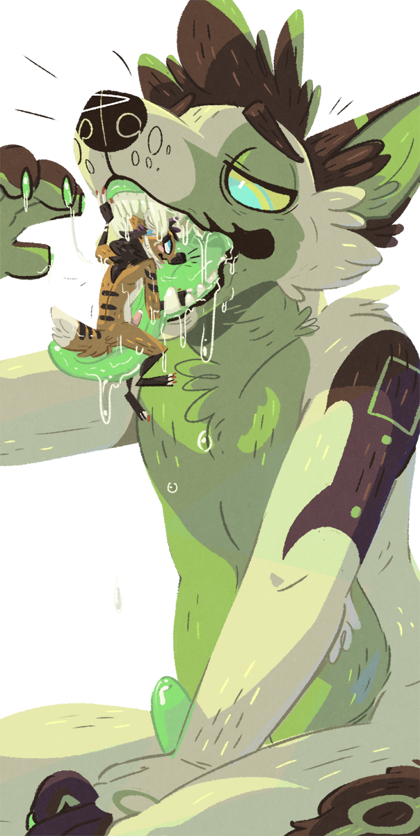 anthro bodily_fluids canid canine claws drooling duo erection fur genital_fluids genitals green_body green_fur green_penis green_tongue hi_res leaking_precum male male/male mammal maned_wolf markings multicolored_body multicolored_fur nude open_mouth oral_vore penis precum saliva sillyme simple_background sitting sitting_on_tongue size_difference stripes tagme teeth tongue tongue_on_penis tongue_out vore white_background willing_vore