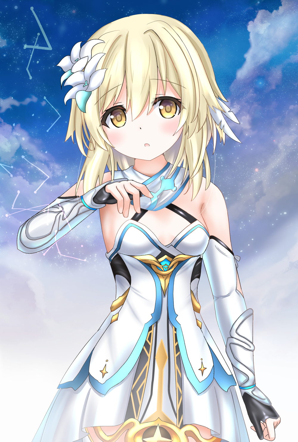 1girl :o bangs blonde_hair blue_sky breasts cloud cloudy_sky commentary_request day dress elbow_gloves eyebrows_visible_through_hair flower genshin_impact gloves hair_flower hair_ornament highres langley1000 looking_at_viewer lumine_(genshin_impact) medium_dress medium_hair outdoors parted_lips sky sleeveless sleeveless_dress small_breasts solo standing white_dress white_flower white_gloves yellow_eyes