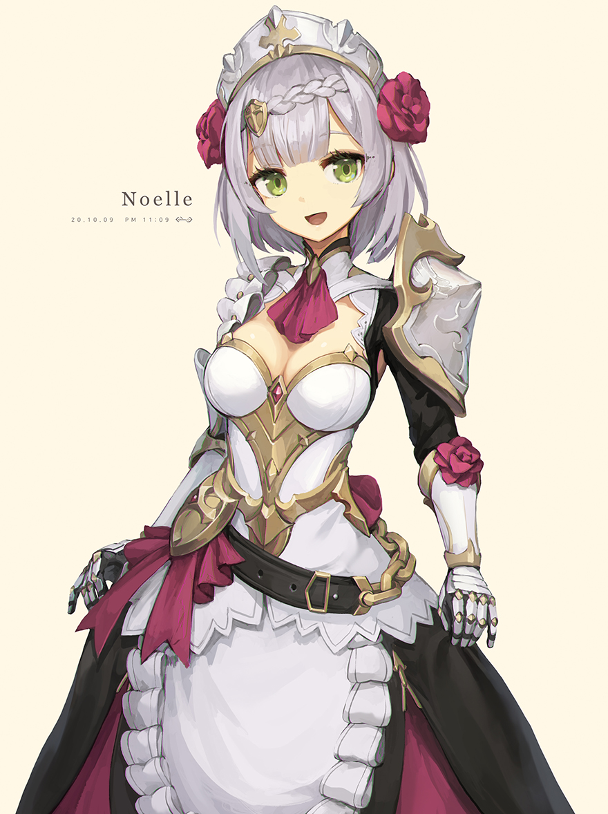 1girl :d apron armor armored_dress ascot asicah bangs beige_background belt braid braided_ponytail breasts character_name cleavage dated dress flower gauntlets genshin_impact green_eyes grey_hair hairband layered_dress medium_breasts noelle_(genshin_impact) open_mouth red_ascot rose short_hair shoulder_armor smile solo upper_body waist_apron