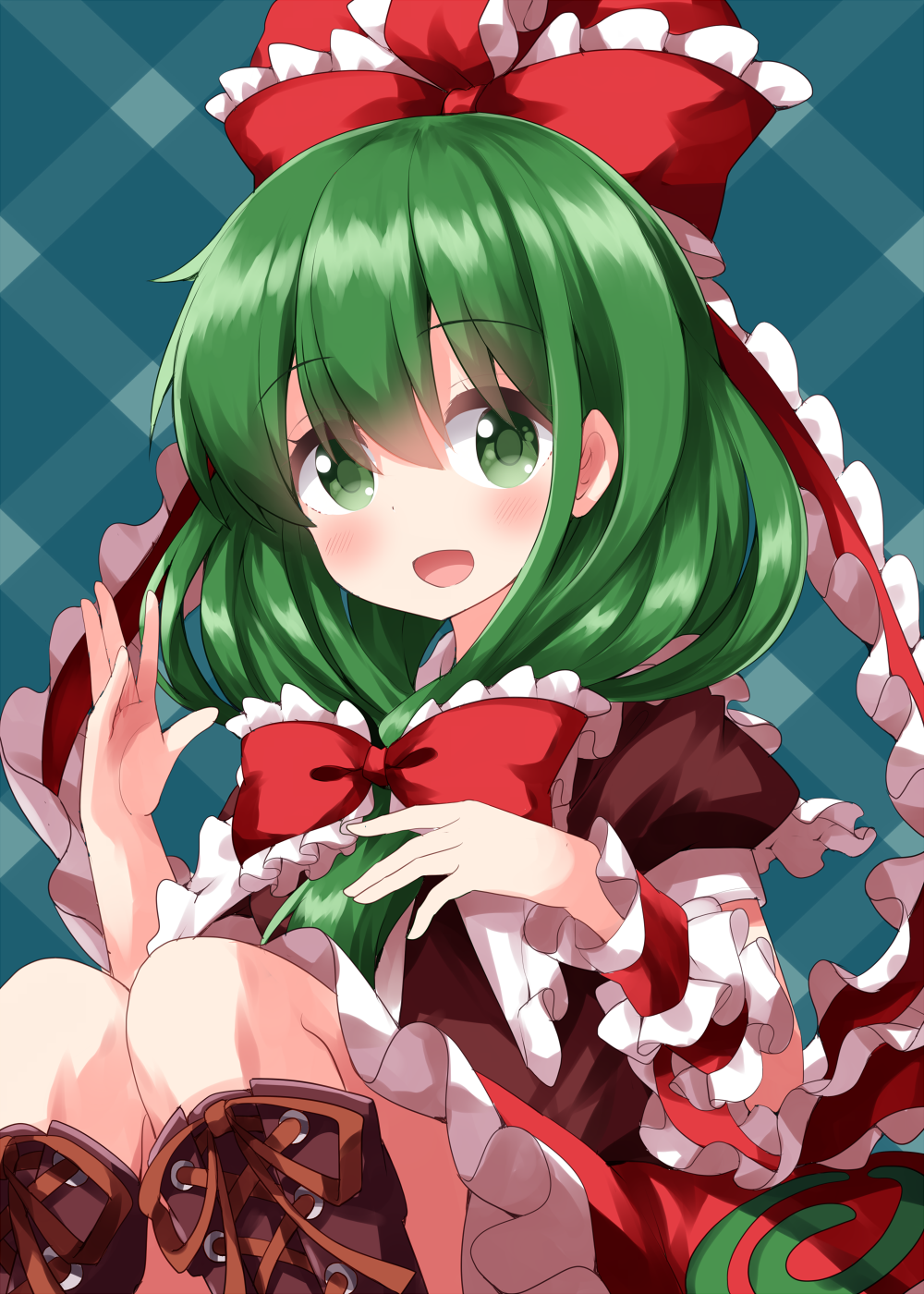 1girl :d argyle argyle_background blush boots bow brown_footwear checkered checkered_background cross-laced_footwear dress eyebrows_visible_through_hair frills front_ponytail green_eyes green_hair hair_between_eyes hair_bow hair_ribbon highres kagiyama_hina lace-up_boots long_hair looking_at_viewer open_mouth puffy_short_sleeves puffy_sleeves red_dress ribbon ruu_(tksymkw) short_sleeves sitting smile solo touhou