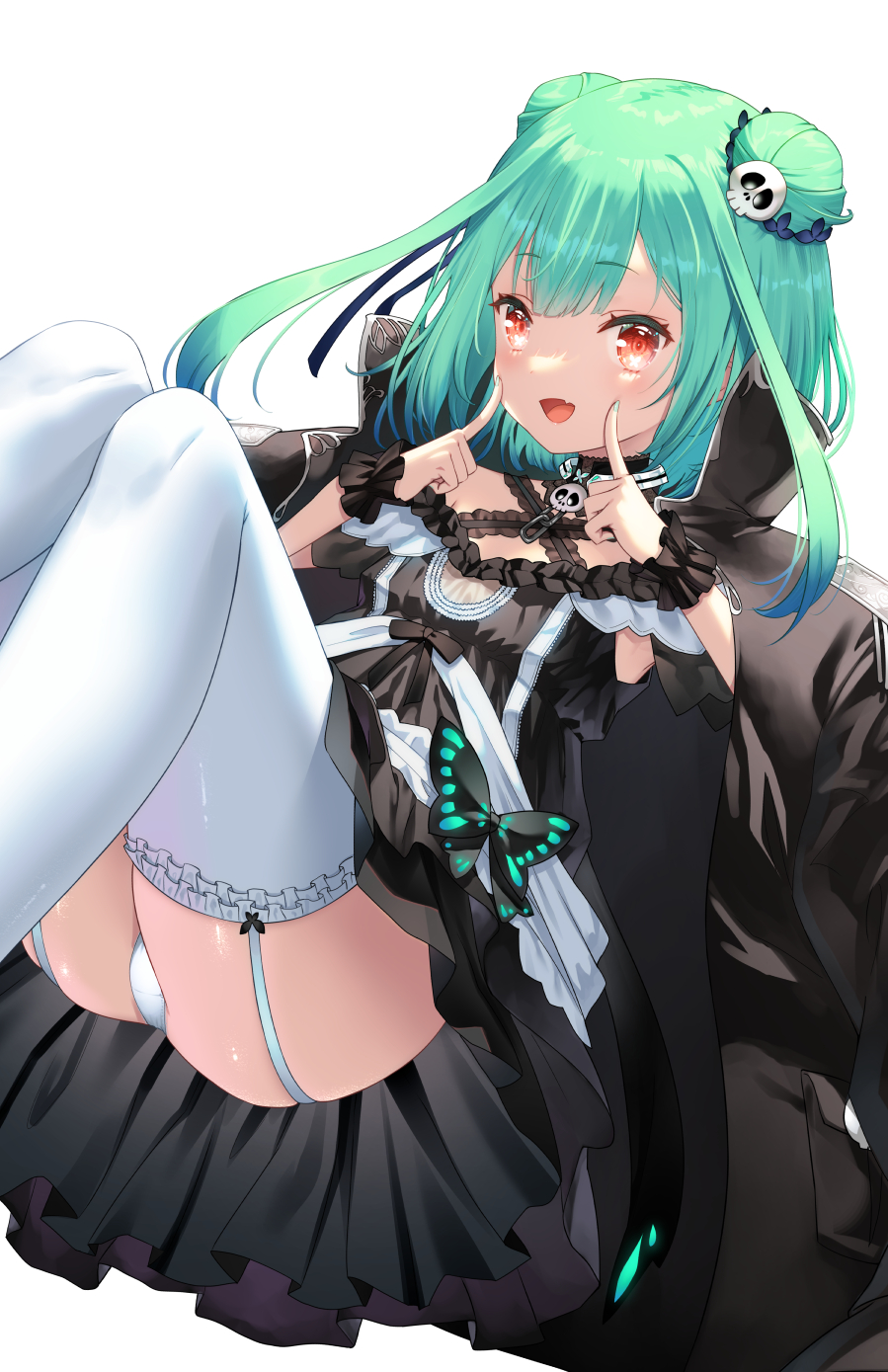 1girl bangs black_bow black_coat black_dress blue_ribbon bow chain coat coat_on_shoulders double_bun dress eyebrows_visible_through_hair fang feet_out_of_frame fingers_to_cheeks frilled_legwear garter_straps green_hair green_nails hair_ornament hair_ribbon highres hololive knees_up looking_at_viewer open_mouth panties red_eyes ribbon short_hair_with_long_locks simple_background skin_fang skull_hair_ornament smile solo thighhighs thighs underwear uruha_rushia virtual_youtuber white_background white_legwear white_panties wrist_cuffs yasuyuki