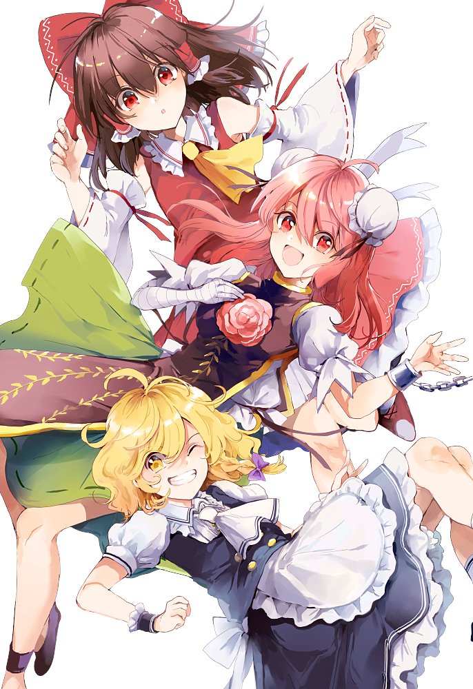 3girls azuma_aya braid double_bun grin hakurei_reimu kirisame_marisa long_hair looking_at_viewer multiple_girls no_hat no_headwear one_eye_closed open_mouth pink_eyes pink_hair short_hair single_braid smile touhou white_background wrist_cuffs