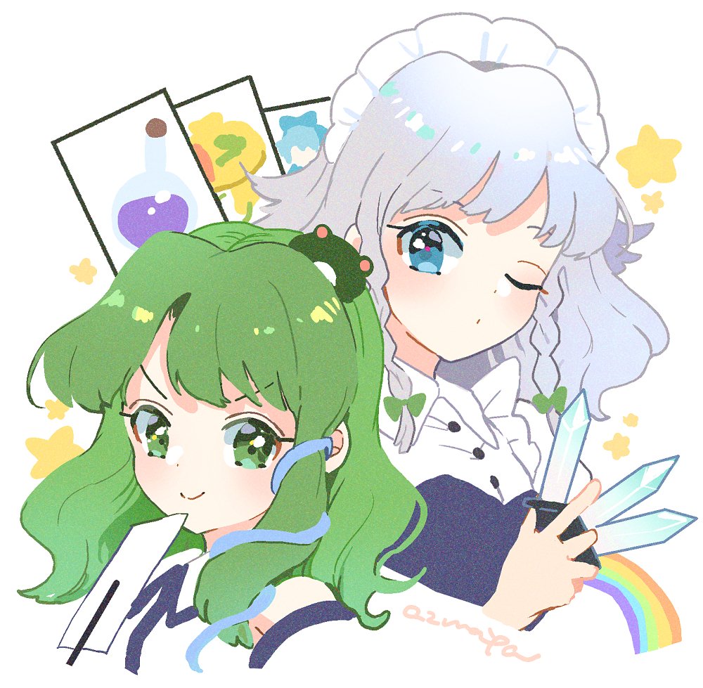 2girls artist_name azuma_aya bangs between_fingers blue_eyes braid buttons closed_mouth commentary_request eyelashes frog_hair_ornament gohei green_eyes green_hair hair_ornament holding holding_knife izayoi_sakuya knife knives_between_fingers kochiya_sanae long_hair looking_at_viewer maid multiple_girls nontraditional_miko one_eye_closed portrait rainbow sidelocks silver_hair simple_background single_hair_tube smile snake_hair_ornament touhou twin_braids unconnected_marketeers v-shaped_eyebrows white_background wing_collar