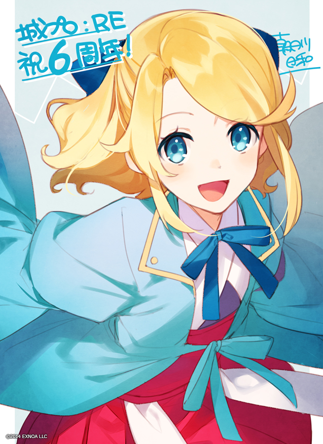 1girl :d anniversary artist_name asahikawa_hiyori bangs blonde_hair blue_eyes blue_jacket blue_ribbon commentary_request copyright hair_ribbon jacket japanese_clothes kimono long_hair looking_at_viewer nanae_daiba_(oshiro_project) neck_ribbon oshiro_project oshiro_project_re ribbon second-party_source smile solo swept_bangs