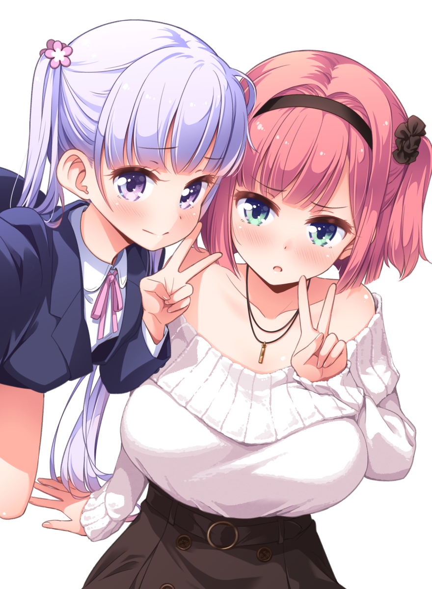 2girls bare_shoulders blush breasts closed_mouth collarbone eyebrows_visible_through_hair green_eyes hairband highres jewelry large_breasts long_hair long_sleeves looking_at_viewer mochizuki_momiji multiple_girls necklace new_game! off-shoulder_sweater off_shoulder official_art parted_lips pink_hair purple_eyes purple_hair short_hair suzukaze_aoba sweater tokunou_shoutarou twintails v white_sweater