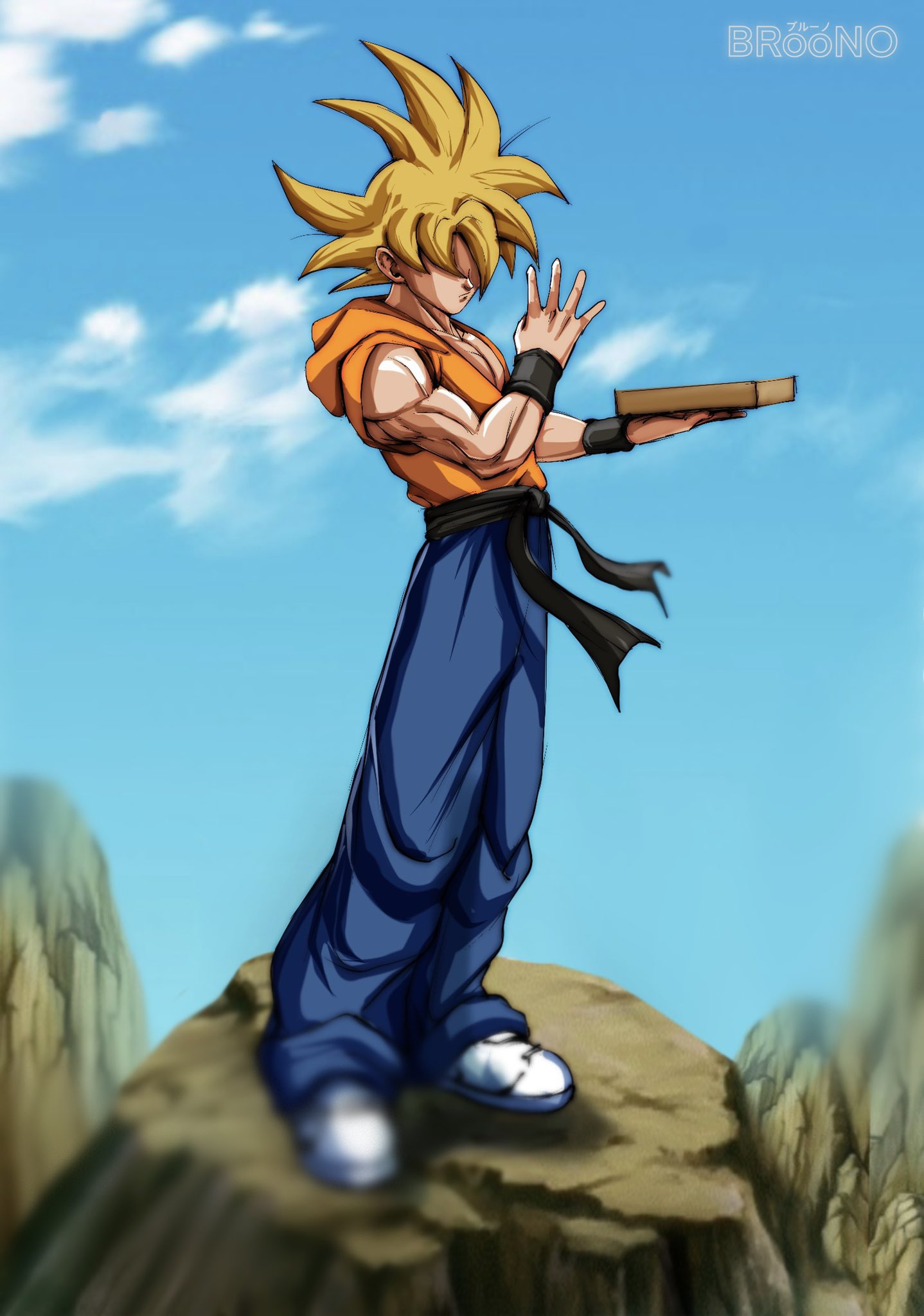 1boy belt black_belt blonde_hair blue_pants blue_sky blurry box broonoart cloud codename:_kids_next_door dragon_ball dragon_ball_z highres mountain mountainous_horizon no_eyes orange_shirt package pants parody saiyan shirt shoes sky sleeveless sleeveless_shirt spiked_hair style_parody sweatband toriyama_akira_(style) wallabee_beetles white_footwear wristband