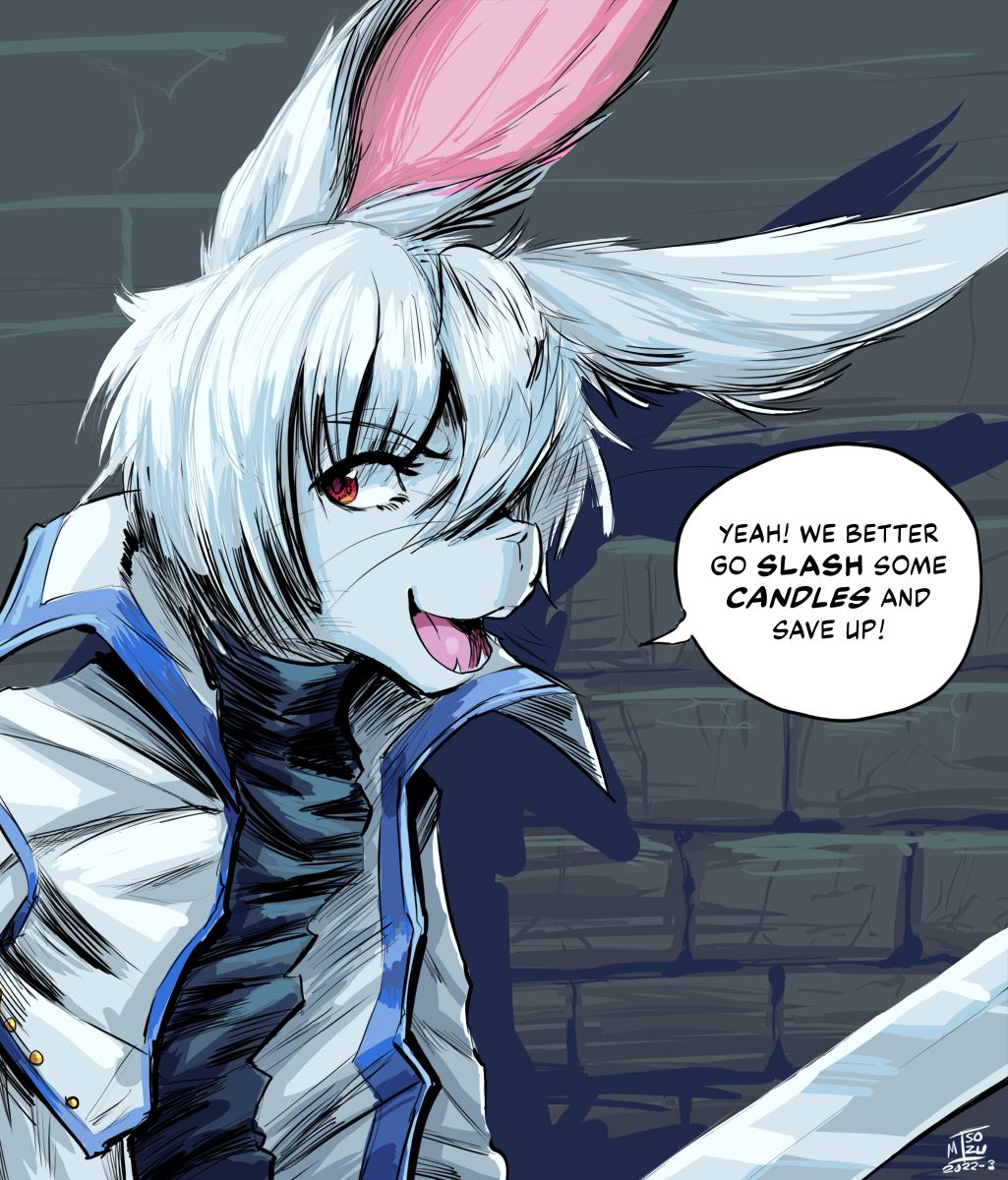 2022 alternate_species anthro carpetwurm castlevania clothed clothing conditional_dnp dialogue english_text fully_clothed hair hi_res konami lagomorph leporid male mammal melee_weapon open_mouth rabbit red_eyes signature simple_background smile solo soma_cruz sword text video_games weapon whiskers