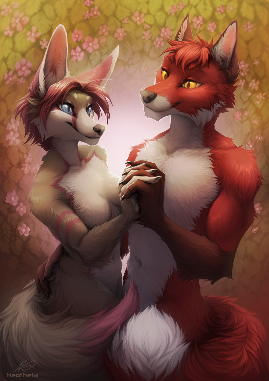 2022 anthro black_nose blue_eyes breasts brow_hair canid canine clothed clothing digital_media_(artwork) duo featureless_breasts female fox fur hair hi_res male mammal neotheta nude red_body red_fur red_hair smile white_body white_fur