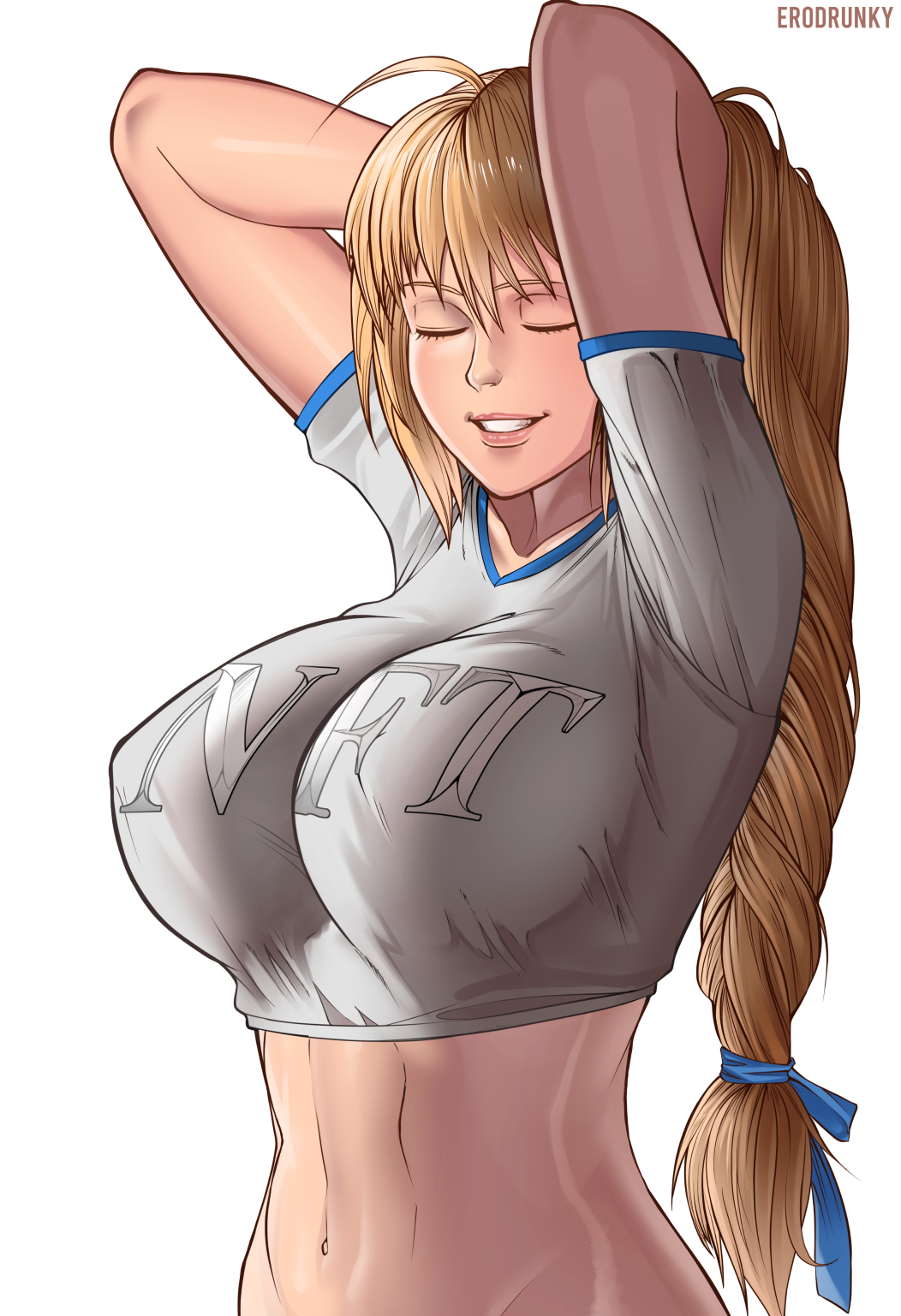 1girl ahoge arms_up bathing blue_ribbon braid braided_ponytail breasts closed_eyes clothes_writing commission contemporary crop_top erodrunky hair_ribbon hands_in_hair highres impossible_clothes impossible_shirt large_breasts lips long_hair low-tied_long_hair navel ribbon shirt smile solo sophitia_alexandra soulcalibur soulcalibur_vi t-shirt teeth white_background