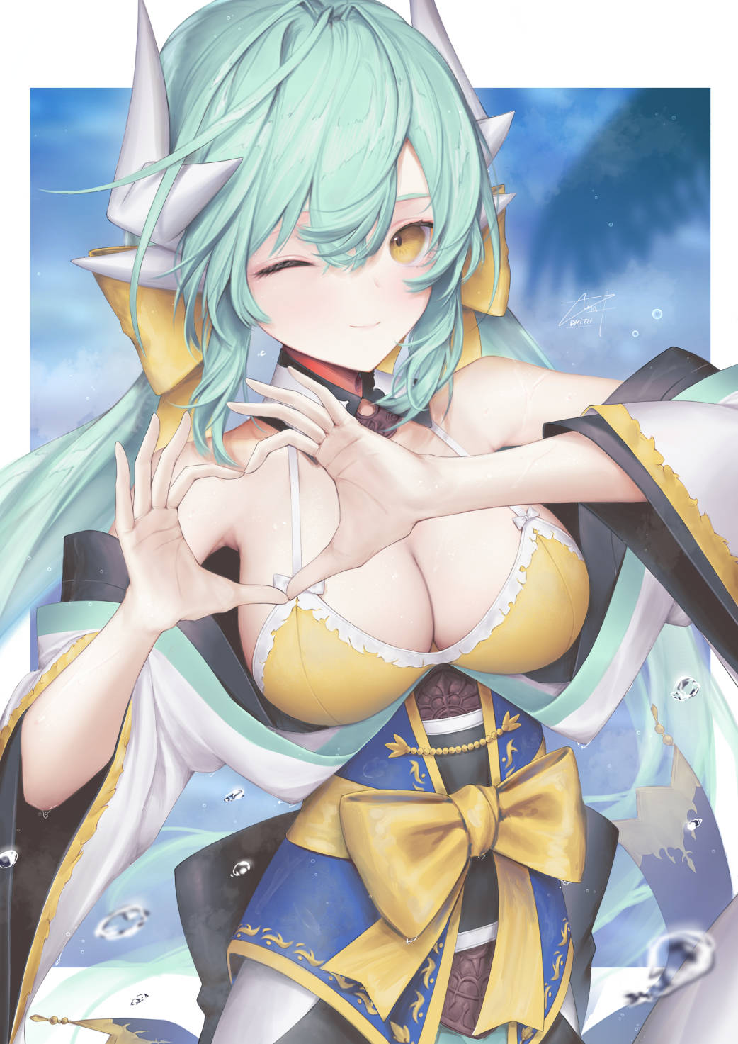 1girl aqua_hair aqua_kimono bikini bow breasts detached_collar dmith dragon_girl dragon_horns fate/grand_order fate_(series) heart heart_hands highres horns japanese_clothes kimono kiyohime_(fate) kiyohime_(swimsuit_lancer)_(fate) large_breasts long_hair multiple_horns off_shoulder one_eye_closed solo swimsuit yellow_bikini yellow_bow yellow_eyes