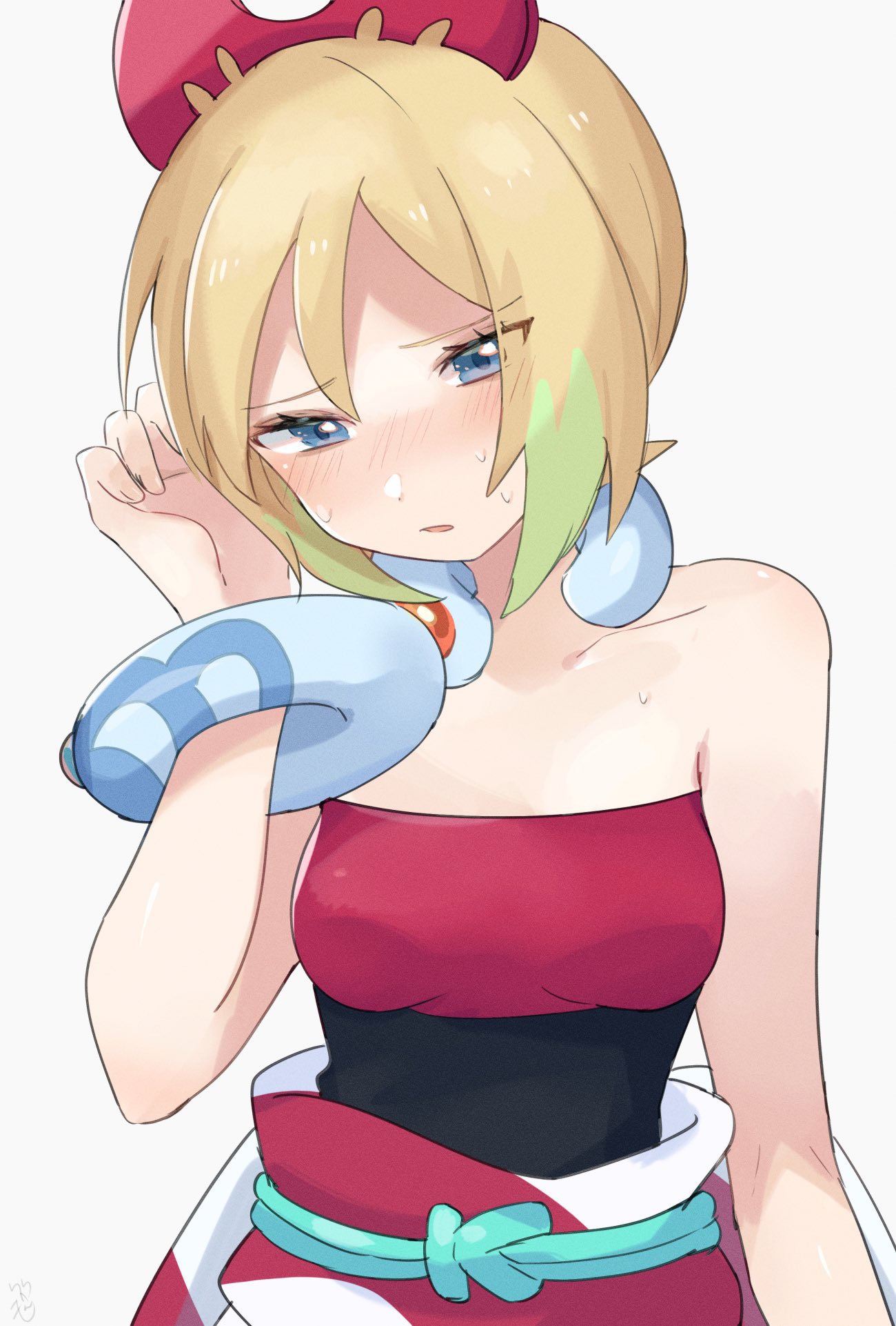 1girl bangs blonde_hair blue_eyes bracelet breasts collar collarbone commentary_request eyelashes hairband hand_up highres irida_(pokemon) jewelry looking_down parted_lips pokemon pokemon_(game) pokemon_legends:_arceus red_hairband red_shirt ririmon sash shirt short_hair simple_background solo strapless strapless_shirt sweat upper_body white_background