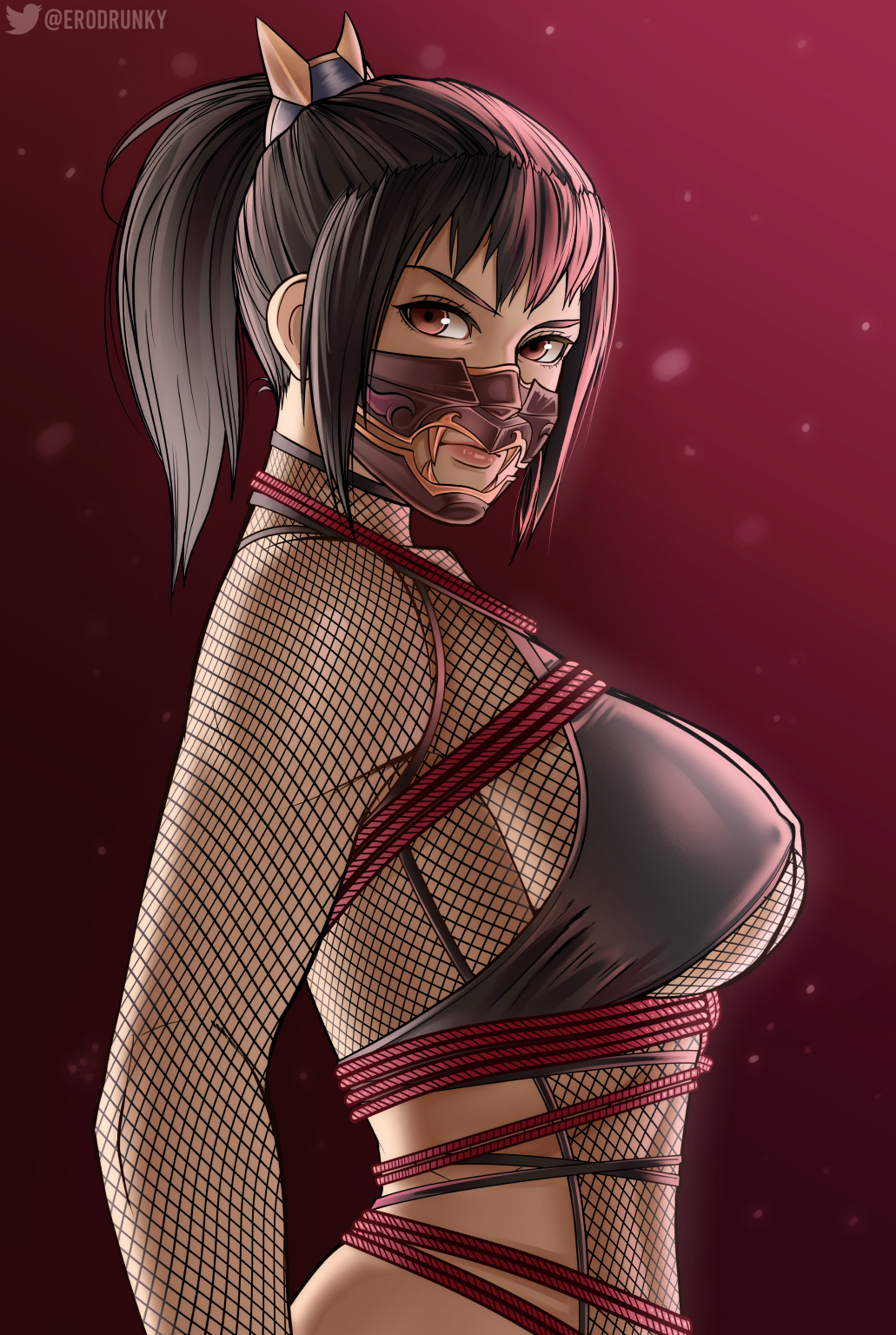 1girl backless_leotard black_hair bodysuit breasts covered_nipples english_commentary erodrunky fishnet_bodysuit fishnets from_side highres large_breasts lips looking_at_viewer mask mouth_mask ninja red_background red_eyes red_rope revealing_clothes rope shibari shibari_over_clothes short_ponytail solo soulcalibur soulcalibur_vi taki_(soulcalibur) underboob