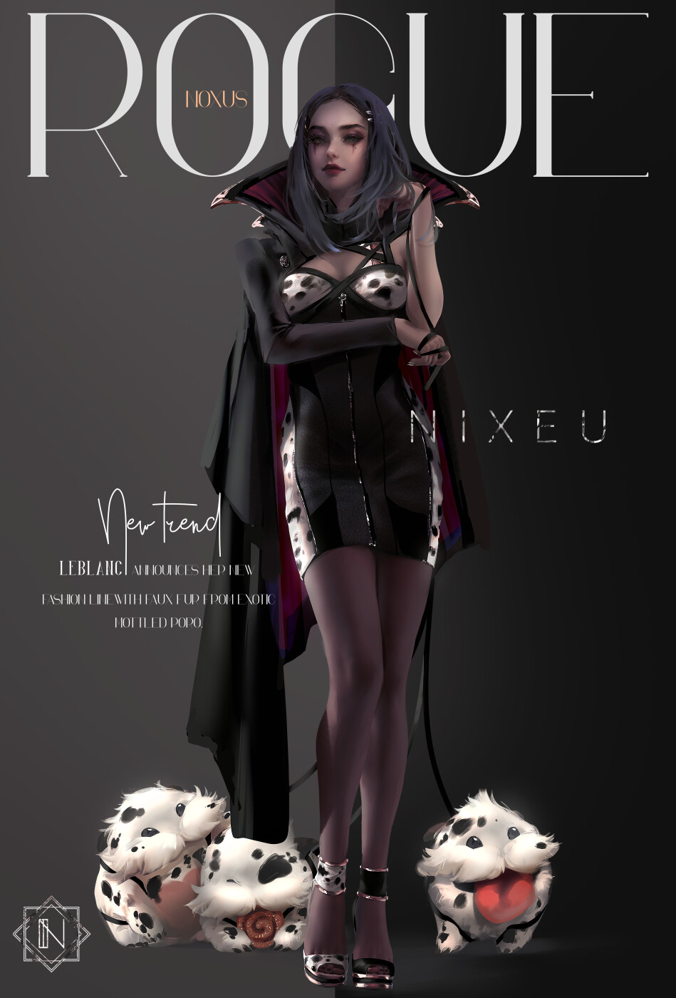 1girl alternate_costume animal_print artist_name breasts cape character_name cleavage cleavage_cutout clothing_cutout commentary cover cow_print dress english_commentary english_text expressionless fake_cover fake_magazine_cover fashion grey_eyes hair_ornament highres holding holding_leash league_of_legends leash leblanc_(league_of_legends) looking_at_viewer magazine_cover medium_hair mixed-language_commentary mole mole_under_eye nixeu pantyhose pencil_dress poro_(league_of_legends) poro_snacks silver_trim single_sleeve small_breasts standing strapless strapless_dress tube_dress vogue_(magazine) zipper_dress