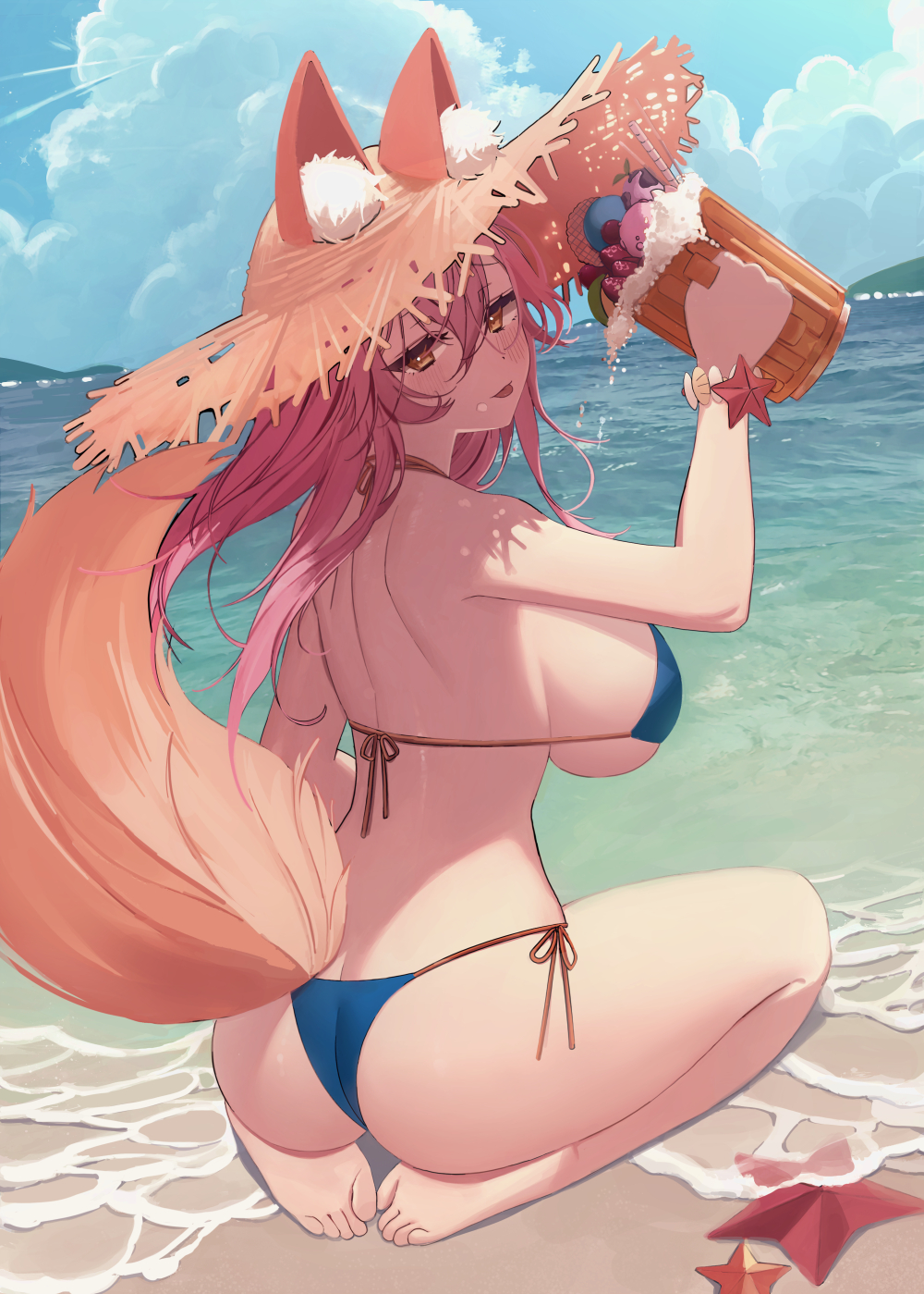 1girl animal_ear_fluff animal_ears ass back bangs bare_arms bare_shoulders barefoot beach beer_mug bikini blue_bikini blush bracelet breasts brown_eyes cloud commentary_request cup day ears_through_headwear fate/grand_order fate_(series) foam food fox_ears fox_girl fox_tail fruit full_body halterneck hat highres holding holding_cup jewelry large_breasts long_hair looking_at_viewer looking_back mug myao_(o3o333) ocean pink_hair revision shoulder_blades side-tie_bikini sideboob sidelocks sky solo starfish straw_hat string_bikini swimsuit tail tamamo_(fate) tamamo_no_mae_(swimsuit_lancer)_(fate) thighs tongue tongue_out water yellow_eyes
