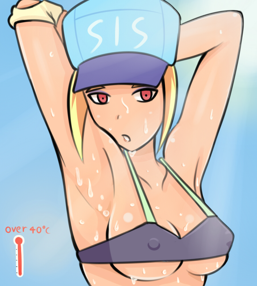1girl arm_guards armpits arms_up bare_shoulders bikini blue_background breasts covered_nipples food fruit hat hot lemon looking_at_viewer original parted_lips presenting_armpit red_eyes saberrung sidelocks simple_background sketch sport_girl_(saberrung) string_bikini sweat sweating_profusely swimsuit thermostat underboob
