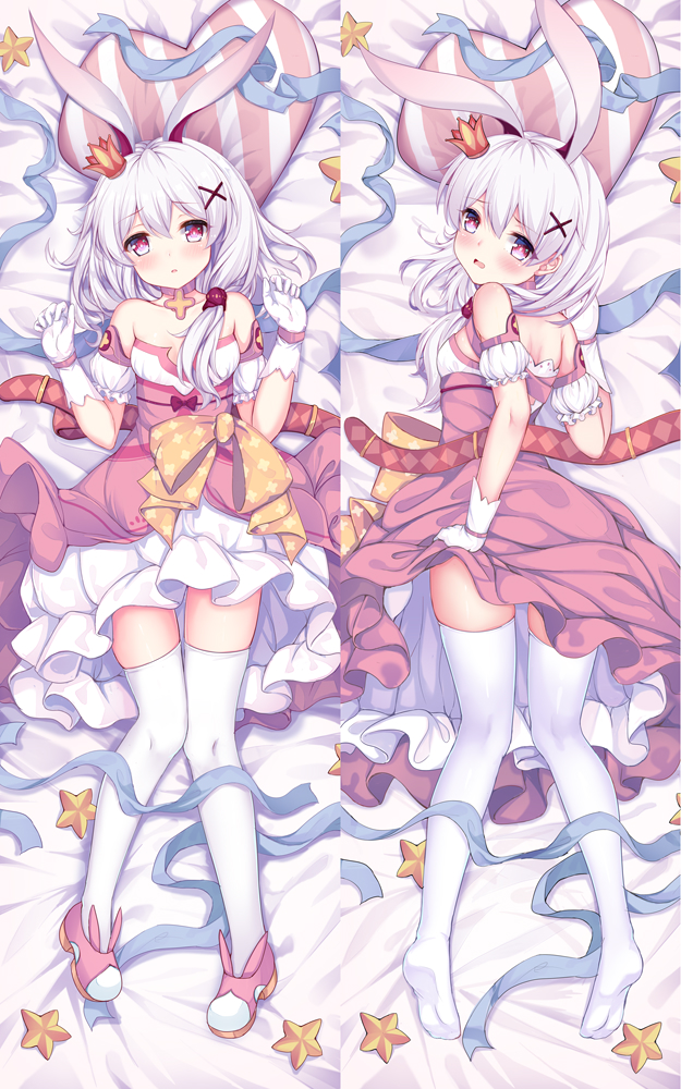 1girl :o animal_ears bangs bare_shoulders bed braid crown dakimakura_(medium) dress fox_ears from_below gloves honkai_(series) honkai_impact_3rd long_hair looking_at_viewer lying no_shoes on_back on_stomach open_mouth pillow pink_dress pink_eyes pink_footwear pink_hair qunqing shoes side_ponytail soles theresa_apocalypse theresa_apocalypse_(sakura_rondo) thighhighs white_gloves white_hair white_legwear