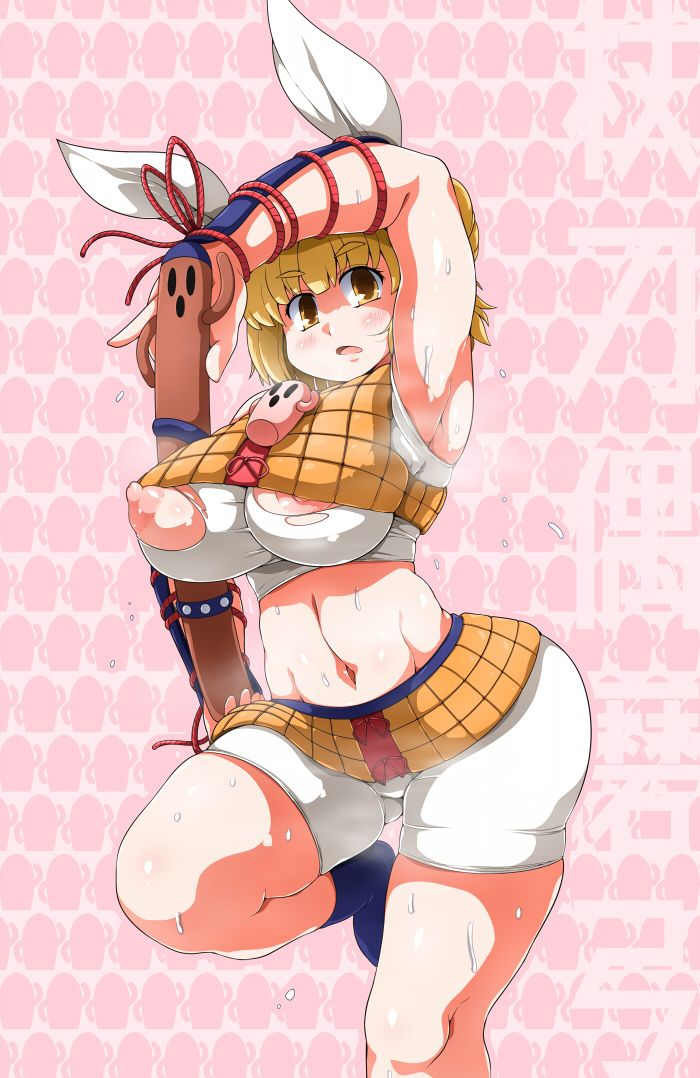 1girl animal_ears armpits bangs blonde_hair blunt_bangs blush breasts eyebrows_visible_through_hair foot_out_of_frame haniwa_(statue) huge_breasts joutouguu_mayumi midriff navel nipples pink_background short_hair simple_background solo standing standing_on_one_leg sugiura sweat thick_thighs thighs torn_clothes touhou