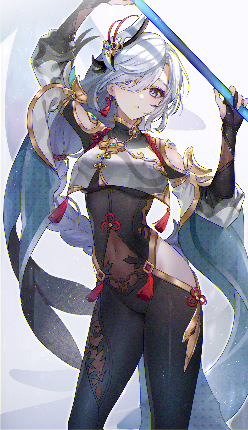 1girl bangs black_bodysuit black_gloves blue_eyes blush bodysuit braid braided_ponytail breasts clothing_cutout covered_navel doushite elbow_gloves genshin_impact gloves hair_ornament hair_over_one_eye highres hip_vent large_breasts long_hair long_sleeves looking_at_viewer partially_fingerless_gloves polearm puffy_long_sleeves puffy_sleeves shenhe_(genshin_impact) shoulder_cutout silver_hair solo spear tabard tassel thighs very_long_hair weapon