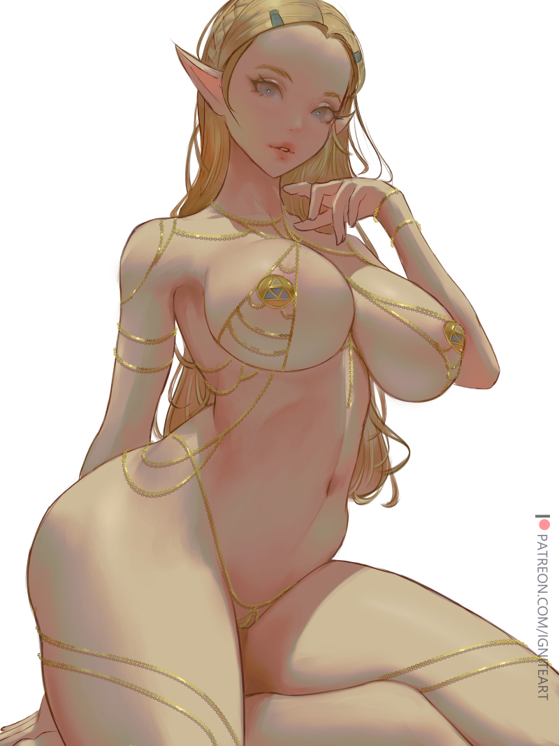 1girl areola_slip areolae blonde_hair blue_eyes braid breasts ignite_(artist) large_breasts long_hair looking_at_viewer navel patreon_username pointy_ears princess_zelda simple_background sitting solo the_legend_of_zelda the_legend_of_zelda:_breath_of_the_wild thighhighs thighs white_background white_legwear