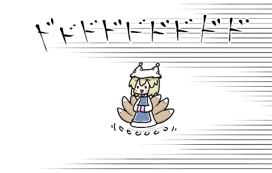 1girl animal_ears blonde_hair blue_tabard dress fox_ears fox_tail frills hands_in_opposite_sleeves hat multiple_tails pillow_hat renge_(geso) running simple_background solo tabard tail tassel touhou white_background white_dress yakumo_ran