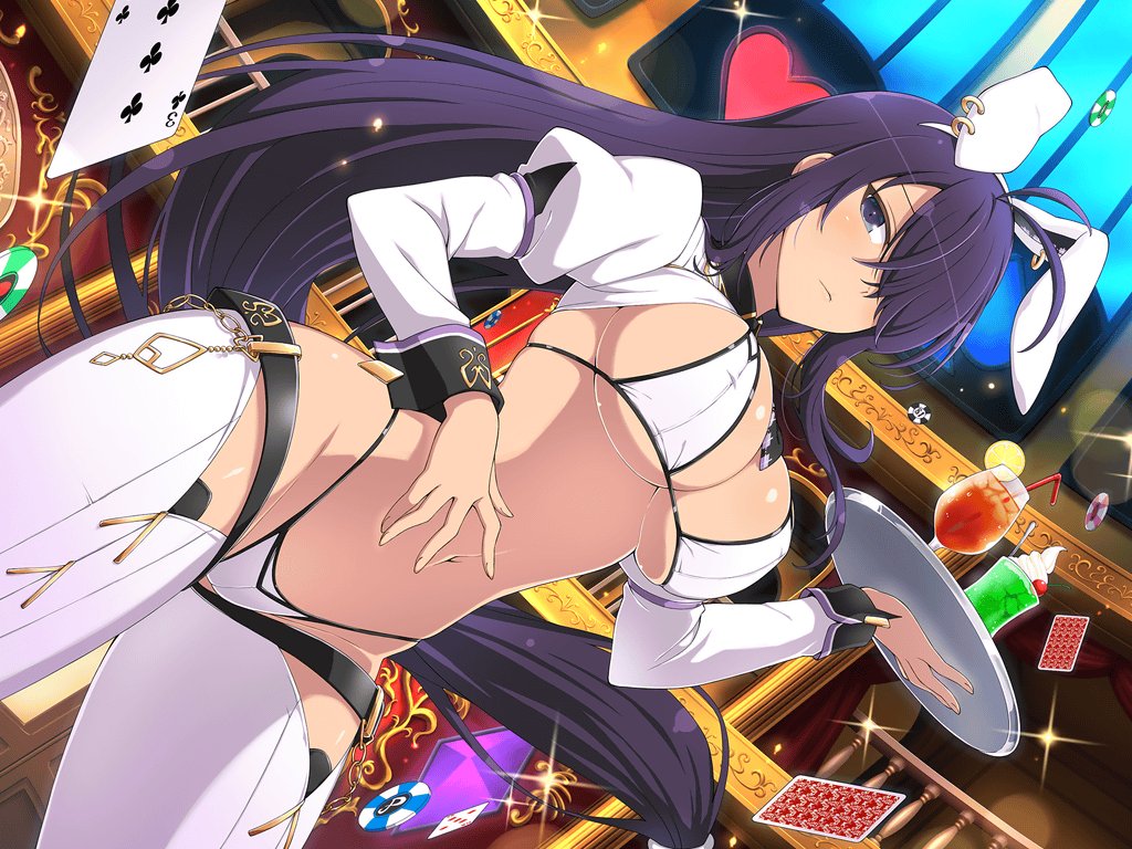 1girl ahoge animal_ears antenna_hair bikini black_hair bow bowtie breasts casino crossover fake_animal_ears groin hair_ornament hair_over_one_eye highleg holding ikkitousen indoors jewelry juliet_sleeves kan'u_unchou large_breasts long_hair long_sleeves navel official_art playboy_bunny puffy_sleeves purple_hair rabbit_ears senran_kagura senran_kagura_new_link solo standing swimsuit tray white_bikini white_legwear wrist_cuffs yaegashi_nan