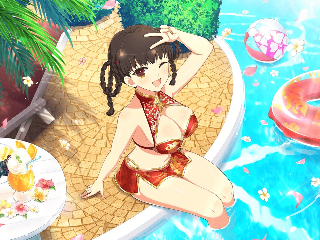 1girl bangs bare_arms bare_shoulders barefoot bikini bikini_skirt braid breasts brown_eyes brown_hair chinese_clothes cleavage cleavage_cutout clothing_cutout crossover day dead_or_alive dragon_print drink eyebrows_visible_through_hair eyeshadow flower hair_rings large_breasts lei_fang looking_at_viewer makeup navel official_art outdoors pool senran_kagura senran_kagura_new_link sitting skirt smile solo stomach swimsuit table tied_hair v wading yaegashi_nan