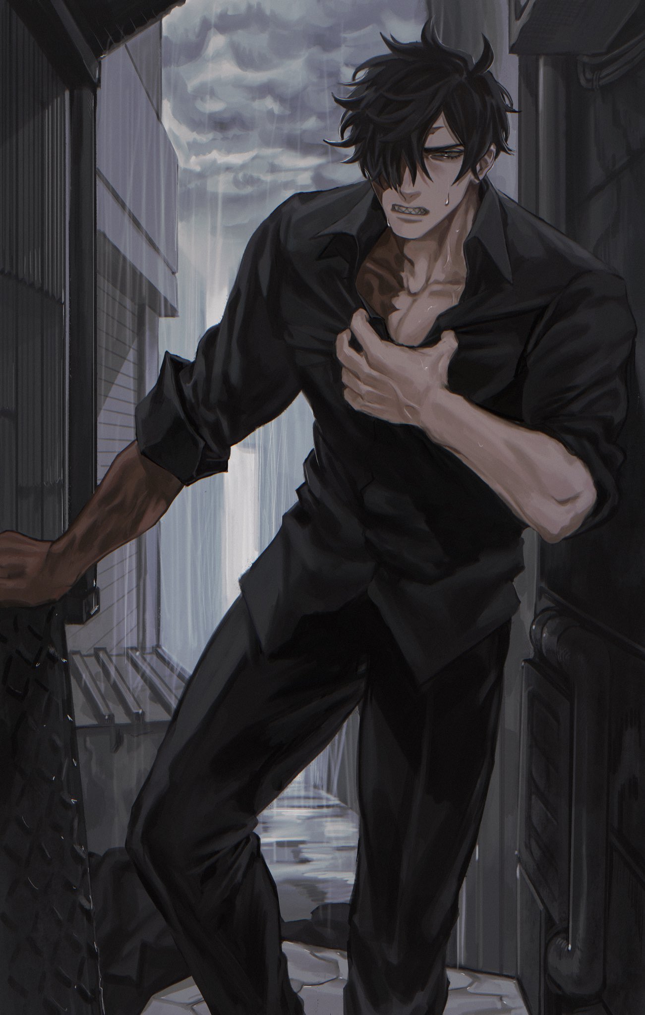 1boy alley black_hair burn_scar city cloud cloudy_sky collared_shirt domo_(domo_kizusuki) half-closed_eyes hand_on_own_chest highres hurt male_focus messy_hair muscular muscular_male one_eye_covered original outdoors pants pectoral_cleavage pectorals rain scar shirt sky solo sweatdrop tusks