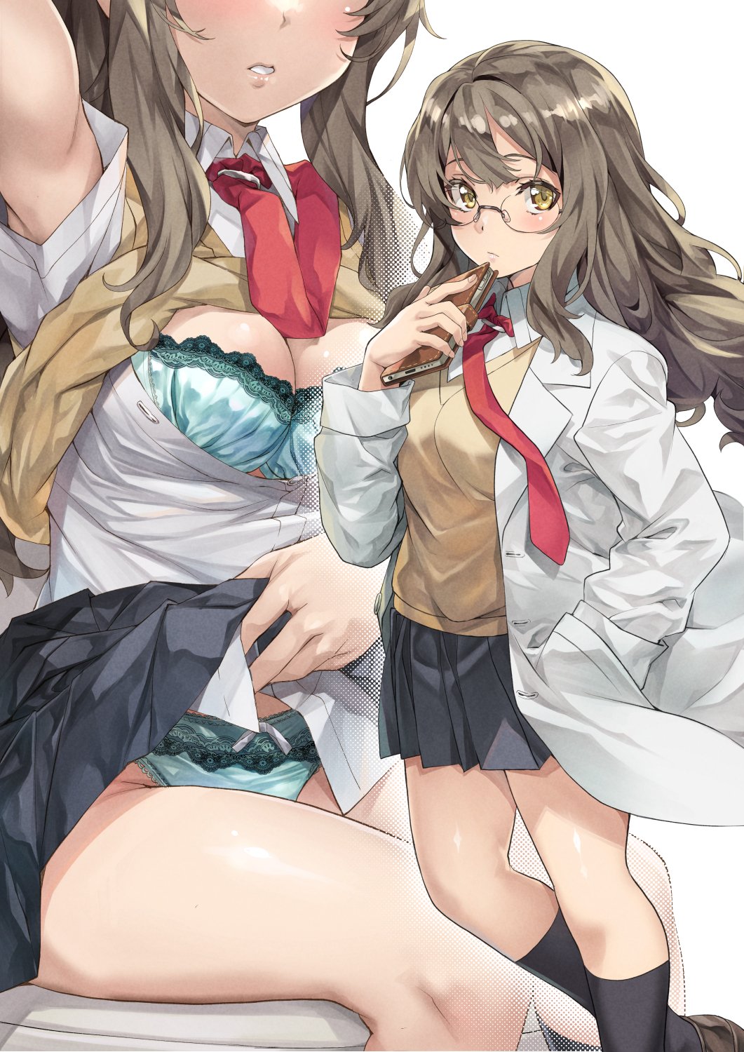 1girl aqua_bra aqua_panties arm_up bangs beige_sweater black_legwear blush bow bow_panties bra breasts brown_footwear brown_hair cellphone cleavage clothes_lift collared_shirt expressionless futaba_rio glasses grey_skirt groin hair_between_eyes hand_in_pocket highres holding holding_phone labcoat lace-trimmed_bra lace-trimmed_panties lace_trim legs lifted_by_self long_hair long_sleeves looking_at_viewer messy_hair multiple_views nagayori necktie open_clothes panties parted_lips partially_unbuttoned phone pleated_skirt red_necktie school_uniform seishun_buta_yarou shirt shirt_lift short_sleeves sidelocks sitting skirt skirt_lift socks sweater sweater_lift sweater_vest thighs underwear white_background white_shirt yellow_eyes
