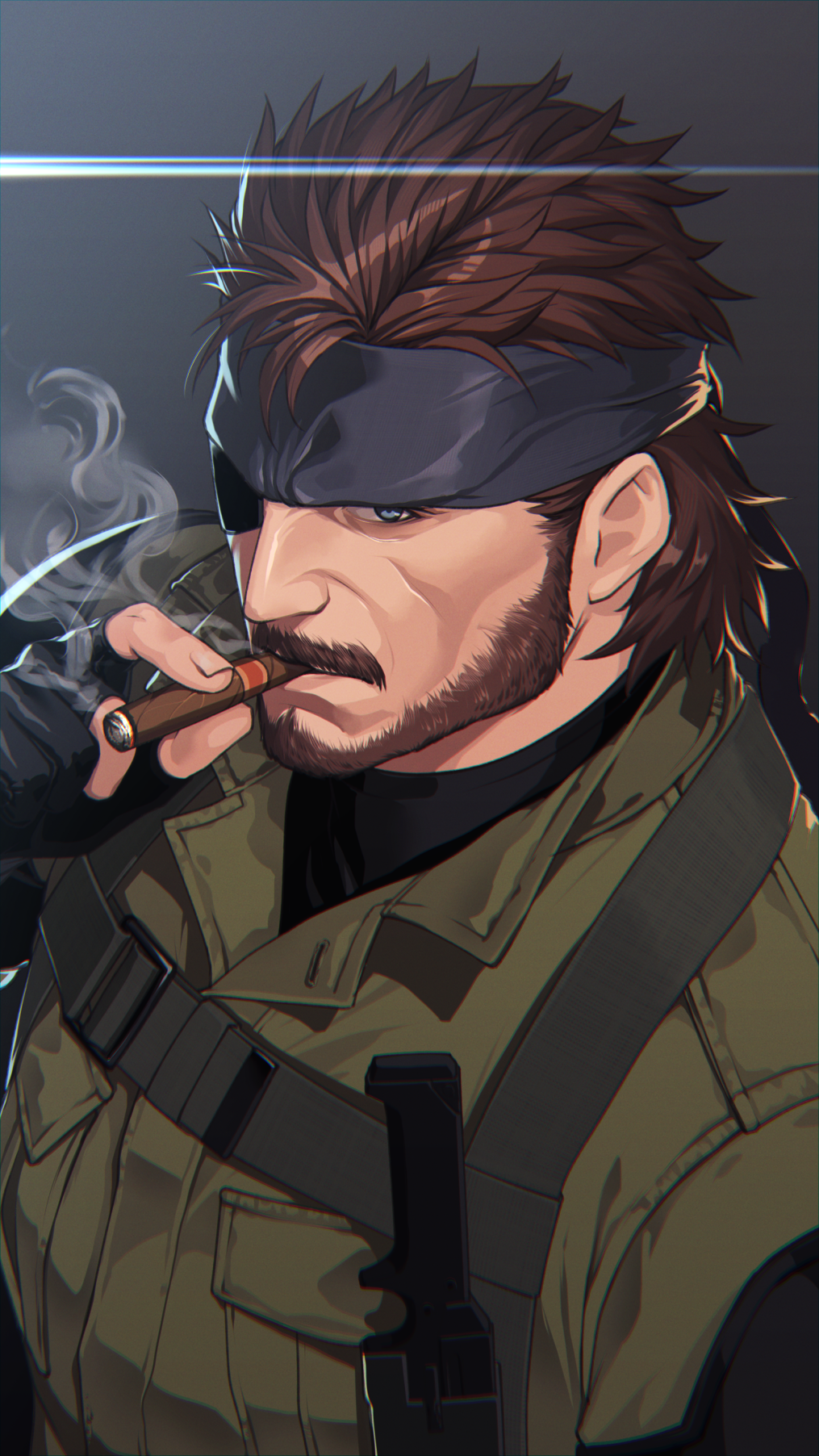 1boy bandana beard black_bandana black_gloves blue_eyes brown_hair cigar facial_hair fingerless_gloves gloves highres hikichi_sakuya holding holding_weapon holster knife male_focus metal_gear_(series) metal_gear_solid_3 mustache naked_snake smoking solo stabo_harness upper_body weapon