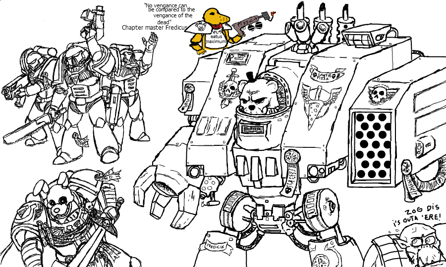 anthro armor astartes avian bird black_eyes bodily_fluids bone bonnie_(fnaf) chica_(fnaf) chicken clothing crossover digital_media_(artwork) dreadnought female five_nights_at_freddy's flamethrower food freddy_(fnaf) futuristic futuristic_armor galliform gallus_(genus) grin group hat headgear headwear humanoid lagomorph leporid machine male mammal melee_weapon nervous ork phasianid pipe pizza rabbit ranged_weapon robot scottgames serious simple_background skull smile sweat sword tagme tall unknown_artist ursid video_games warhammer_(franchise) warhammer_40000 weapon white_background white_eyes