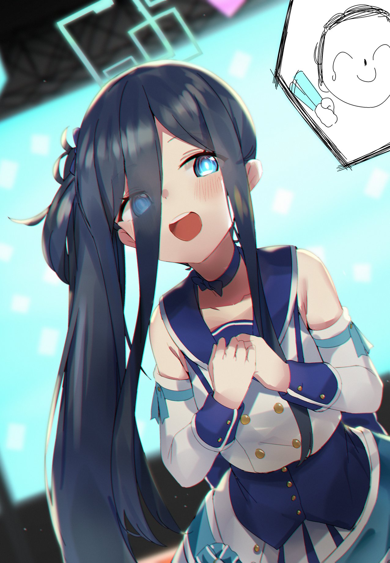 1girl arisu_(blue_archive) bare_shoulders black_hair blue_archive blue_choker blue_eyes blue_sailor_collar blurry blurry_background blush choker detached_sleeves eyes_visible_through_hair halo highres kure_(kure_ng) long_hair long_sleeves looking_at_viewer open_mouth sailor_collar shirt side_ponytail teeth upper_teeth white_shirt