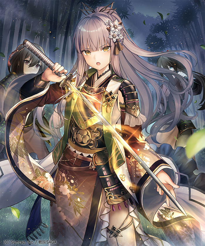 3girls arm_guards armor bamboo bamboo_forest bangs black_hair blue_eyes brown_eyes brown_hair brown_kimono eyebrows_visible_through_hair falling_leaves flower forest hair_flower hair_ornament holding holding_sword holding_weapon japanese_armor japanese_clothes katana kimono kusazuri leaf leaf_hair_ornament long_hair looking_at_viewer multiple_girls nature night official_art open_mouth ponytail sengoku_saga shiba_0 short_kimono shoulder_armor side_slit sword thigh_strap weapon wide_sleeves