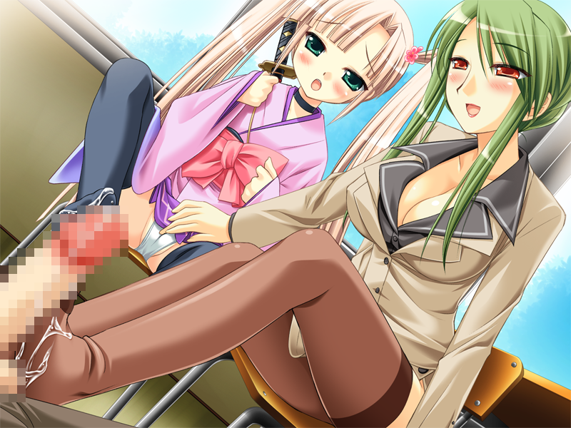 aqua_eyes artist_request blonde_hair blush bow breasts censored chair character_request cleavage cum feet fingering flower footjob formal green_hair legwear open_mouth panties penis red_eyes ribbon sitting smile source_request spread_legs stockings suit teacher teamwork thighhighs through_panties twintails underwear upskirt weapon window