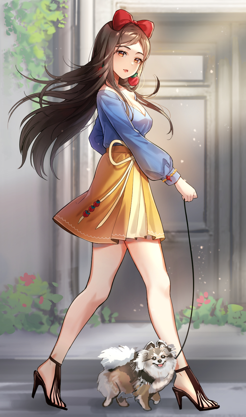 1girl apple_earrings bangs blue_shirt bow breasts brown_hair chibi_vanille cleavage dog dog_walking earrings food-themed_earrings full_body hair_bow high_heels highres jewelry leash long_hair looking_at_viewer looking_to_the_side no_socks off-shoulder_shirt off_shoulder open_mouth outdoors parted_bangs red_bow shirt skirt snow_white yellow_skirt