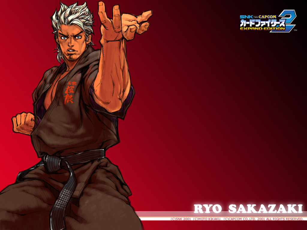 1boy alternate_costume arm_behind_back belt black_belt black_clothes blonde_hair blue_eyes clenched_hand cowboy_shot dougi facial_hair fighting_stance hiroaki_(kof) karate_gi logo looking_at_viewer male_focus mature_male mr._karate_ii muscular muscular_male name_tag official_art open_hand open_mouth pectoral_cleavage pectorals promotional_art red_background ryou_sakazaki ryuuko_no_ken short_hair simple_background snk snk_vs_capcom:_card_fighters_2 solo spiked_hair stubble